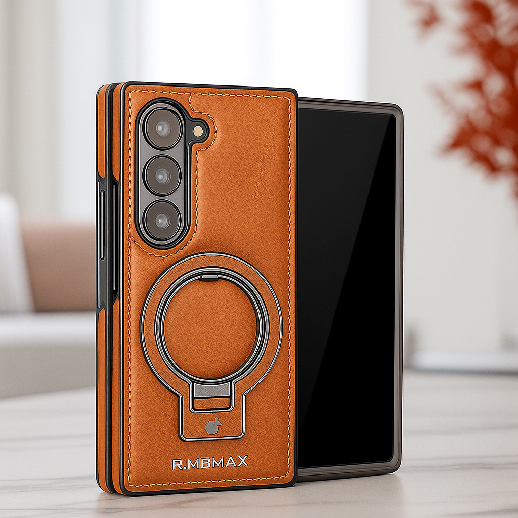 Luxury Leather Cover for Samsung Z Fold Ring Stand Magnetic Wireless Charging Case