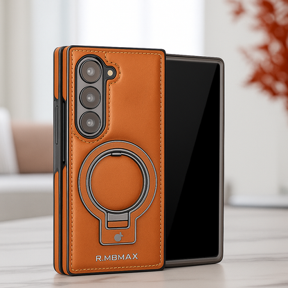 Luxury Leather Cover for Samsung Z Fold Ring Stand Magnetic Wireless Charging Case