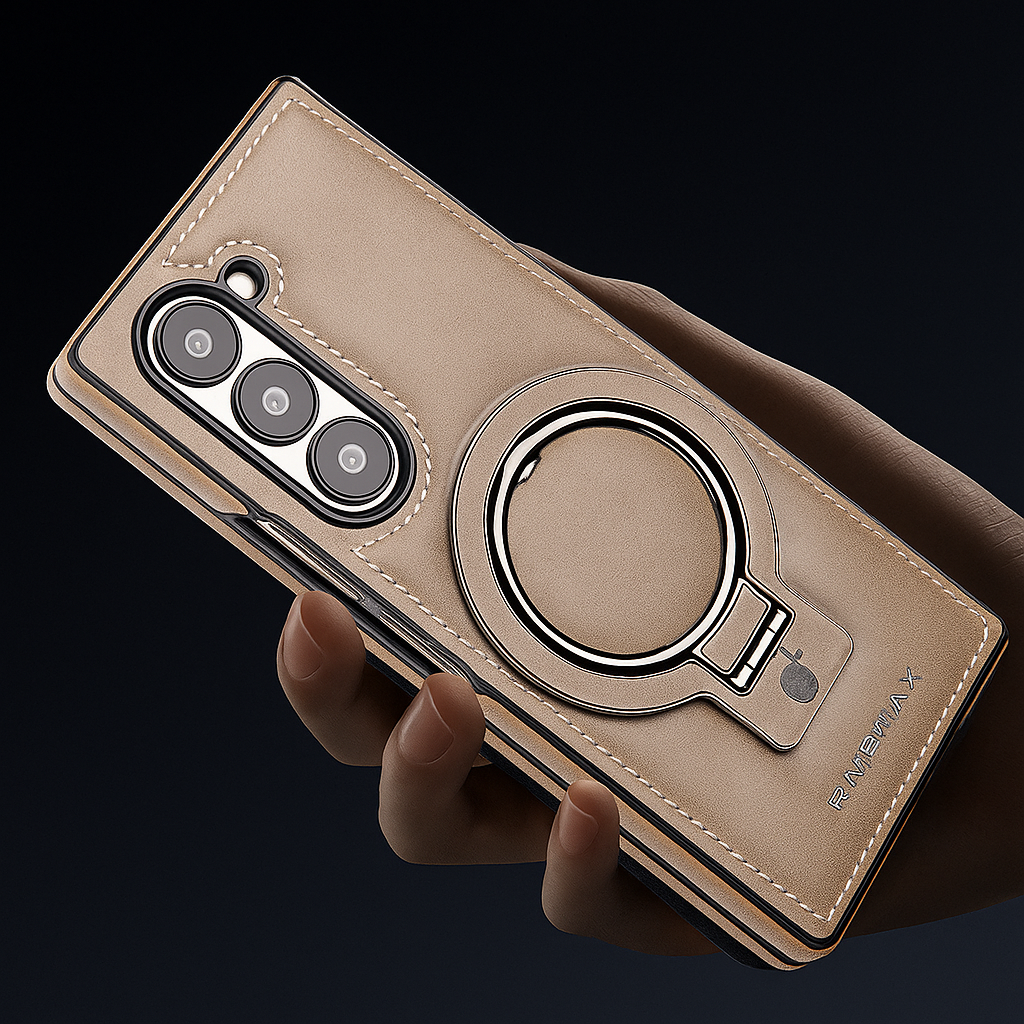 Luxury Leather Cover for Samsung Z Fold Ring Stand Magnetic Wireless Charging Case