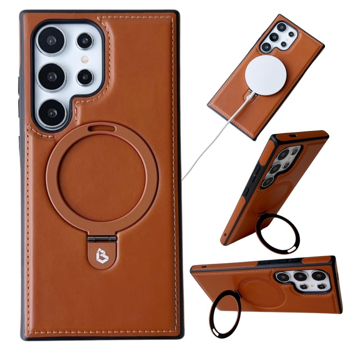 Luxury Leather Skin with Magnetic Metal Ring Stand Case for Samsung Galaxy