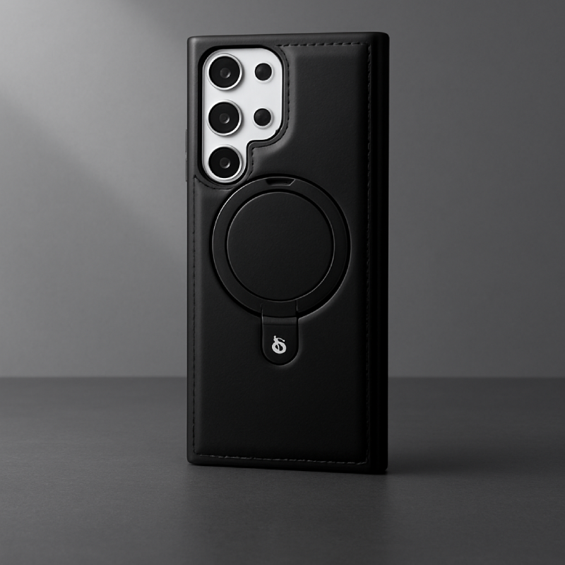 Luxury Leather Skin with Magnetic Metal Ring Stand Case for Samsung Galaxy