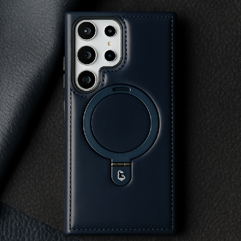 Luxury Leather Skin with Magnetic Metal Ring Stand Case for Samsung Galaxy