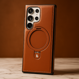 Luxury Leather Skin with Magnetic Metal Ring Stand Case for Samsung Galaxy