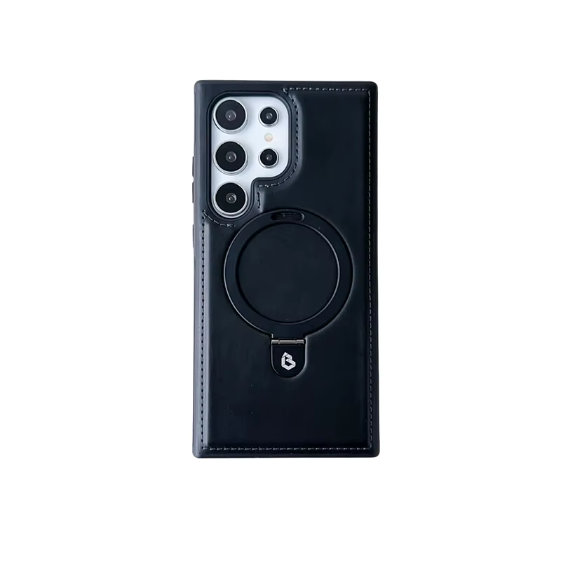 Luxury Leather Skin with Magnetic Metal Ring Stand Case for Samsung Galaxy