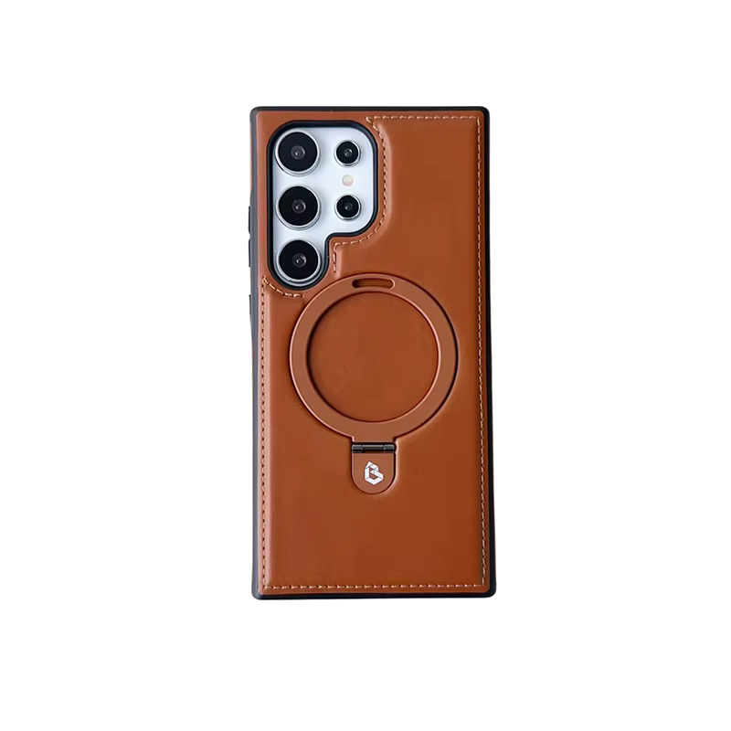 Luxury Leather Skin with Magnetic Metal Ring Stand Case for Samsung Galaxy