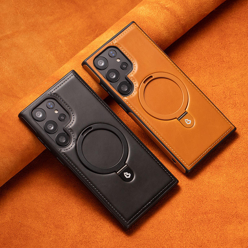 Luxury Leather Skin with Magnetic Metal Ring Stand Case for Samsung Galaxy